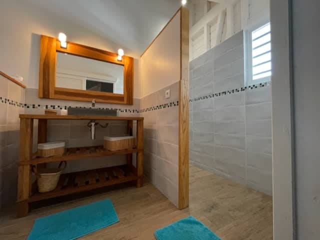 A suite’s bathroom: washbasin on a wooden stand and walk-in shower